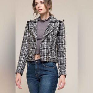 Anthropology Moon River NWT Tweed Moto Jacket Black White Checked Size XS